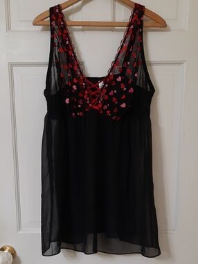 Cacique Black Sheer Babydoll with Red & Pink Heart Accents